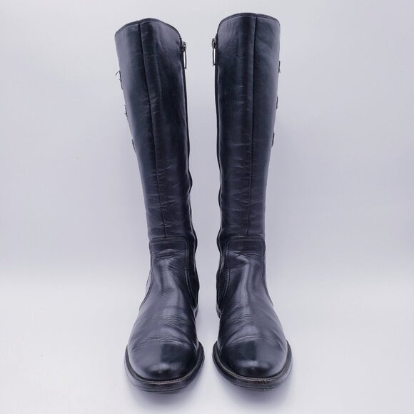 PAUL GREEN Tall Boots Knee-High Riding Black Leather Buckled Size 7 Block Heel - Picture 3 of 10